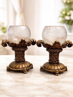 Ornate Gold Glass Globe Candle Holders - Set of 2